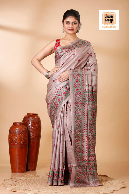 Dust Strom Color Dye Tussar Tricolor Thread Work Kantha Stitch Saree