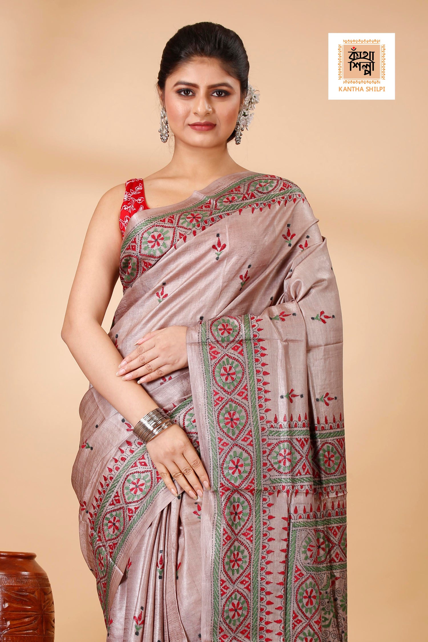 Dust Strom Color Dye Tussar Tricolor Thread Work Kantha Stitch Saree