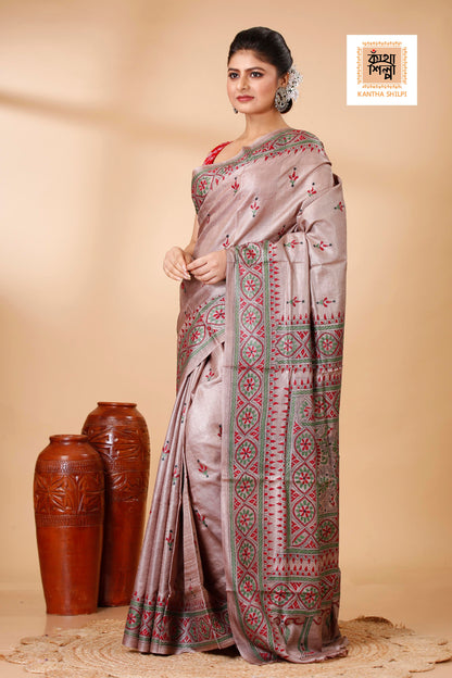 Dust Strom Color Dye Tussar Tricolor Thread Work Kantha Stitch Saree