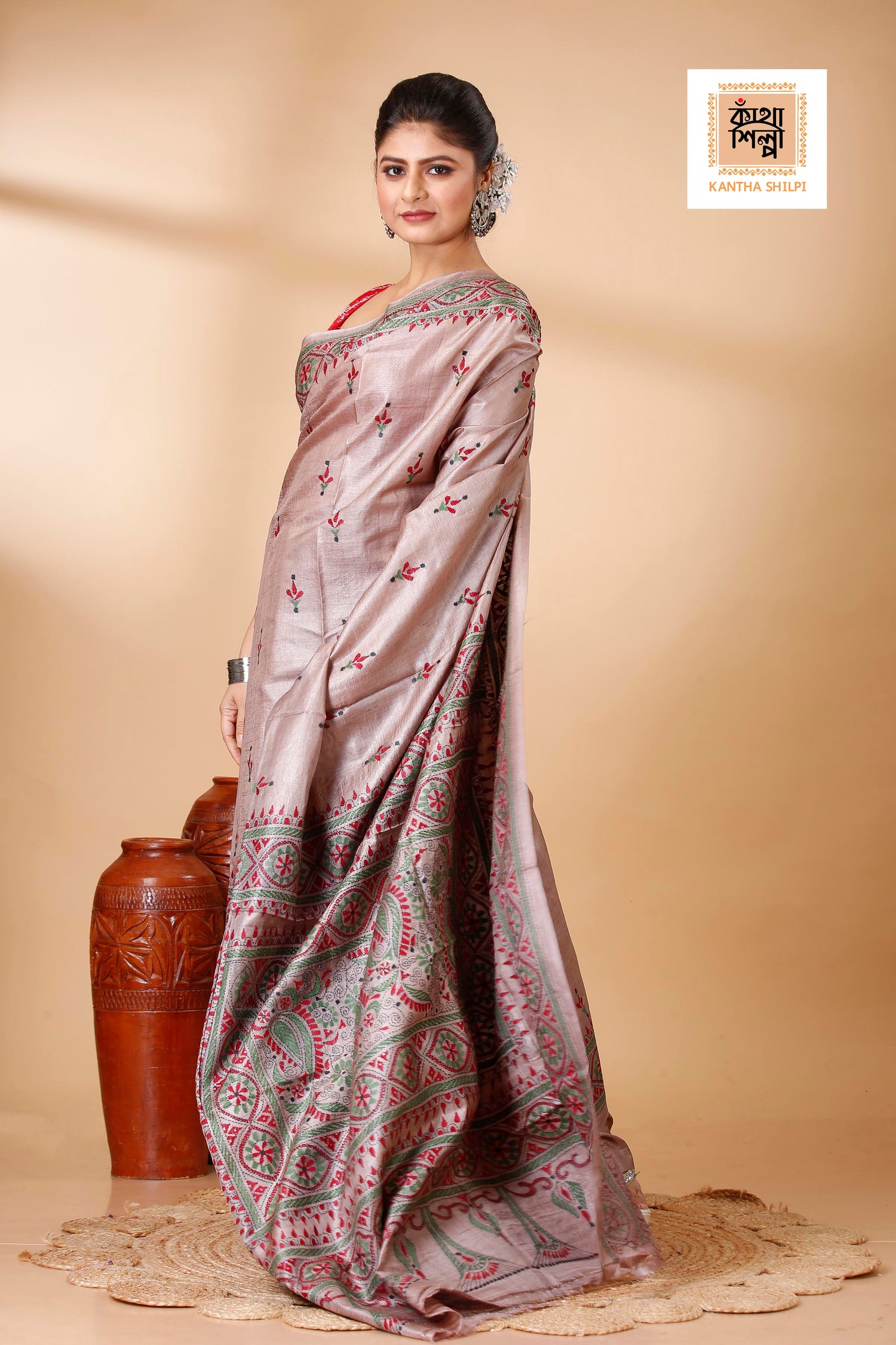 Dust Strom Color Dye Tussar Tricolor Thread Work Kantha Stitch Saree