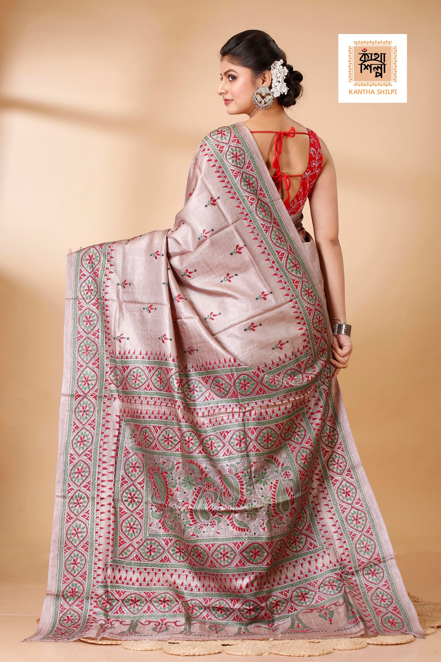 Dust Strom Color Dye Tussar Tricolor Thread Work Kantha Stitch Saree