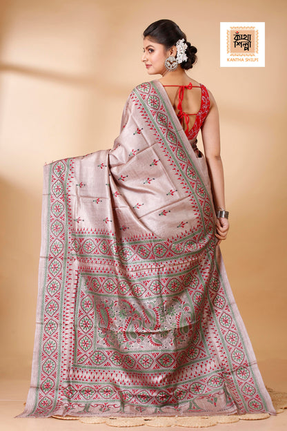 Dust Strom Color Dye Tussar Tricolor Thread Work Kantha Stitch Saree