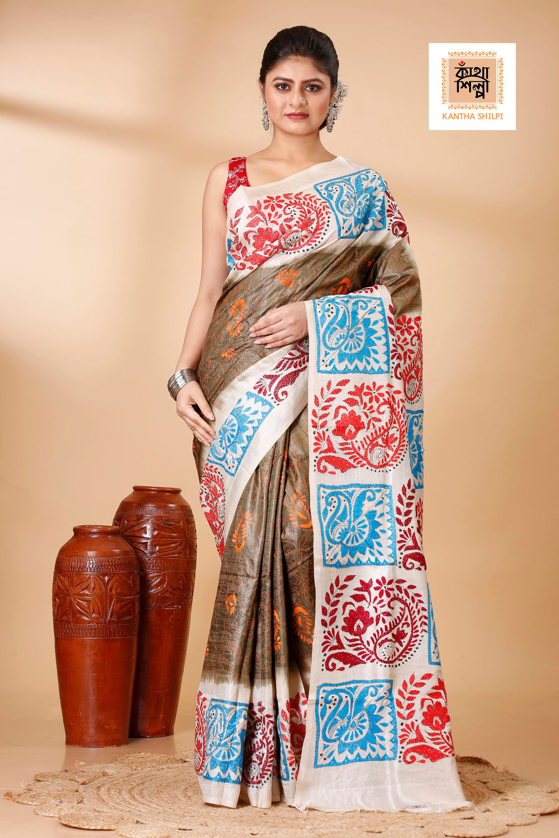 Brown Color Dye Tussar Tricolor Thread Work Kantha Stitch Saree