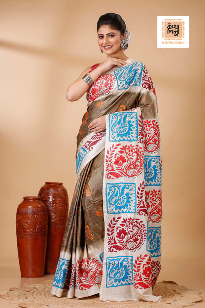 Brown Color Dye Tussar Tricolor Thread Work Kantha Stitch Saree