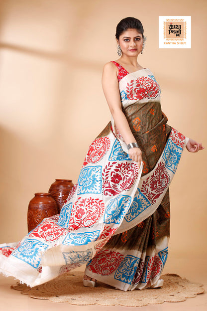Brown Color Dye Tussar Tricolor Thread Work Kantha Stitch Saree