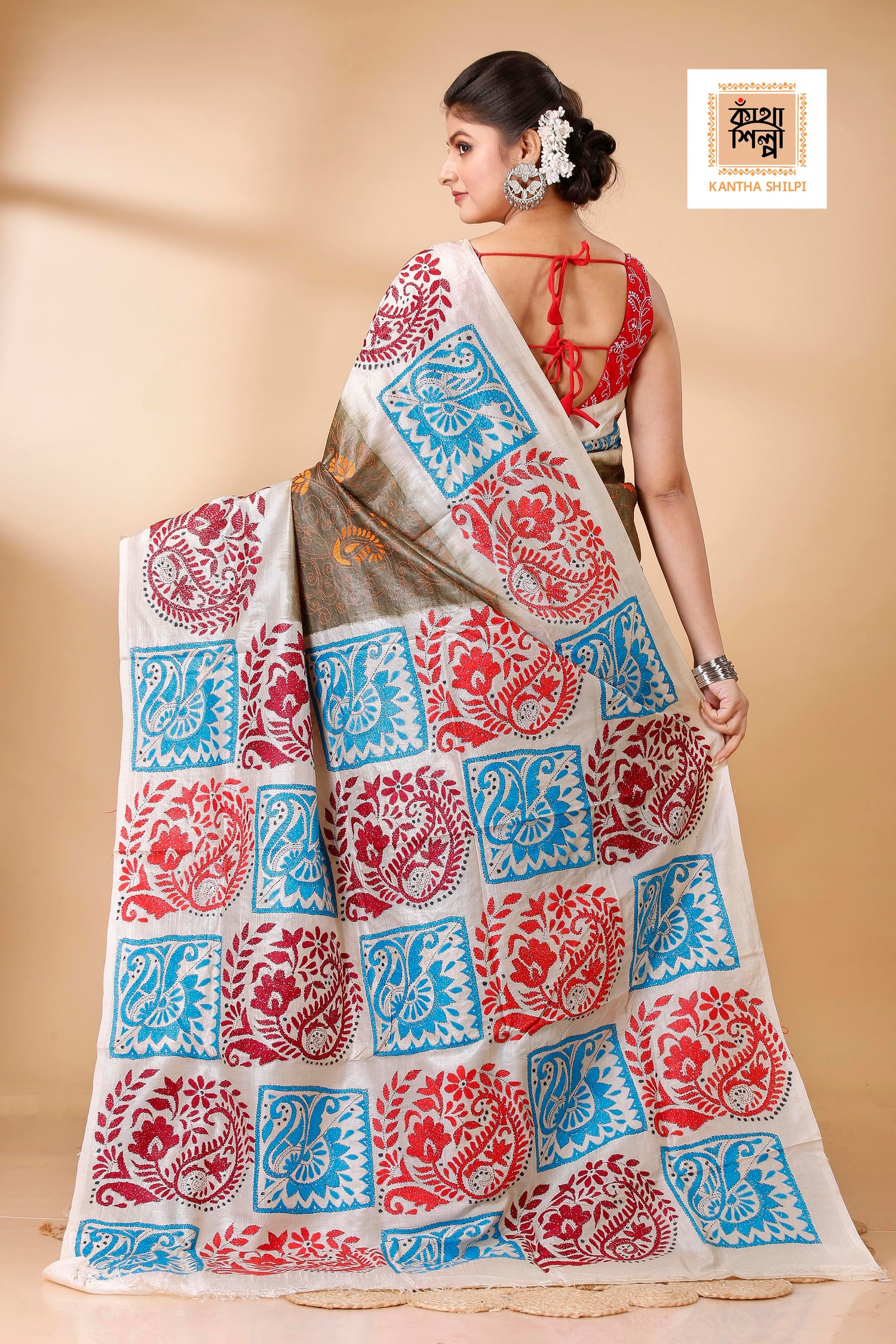 Brown Color Dye Tussar Tricolor Thread Work Kantha Stitch Saree