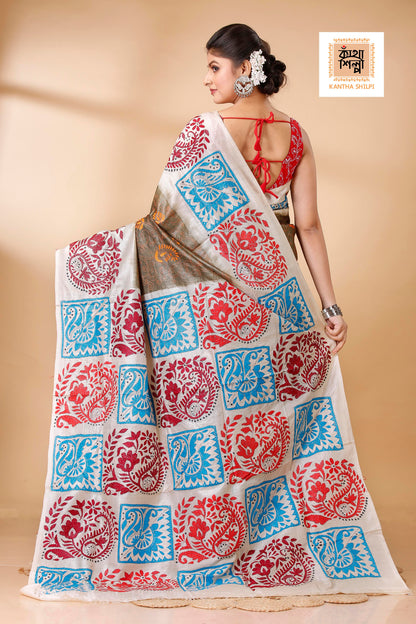 Brown Color Dye Tussar Tricolor Thread Work Kantha Stitch Saree