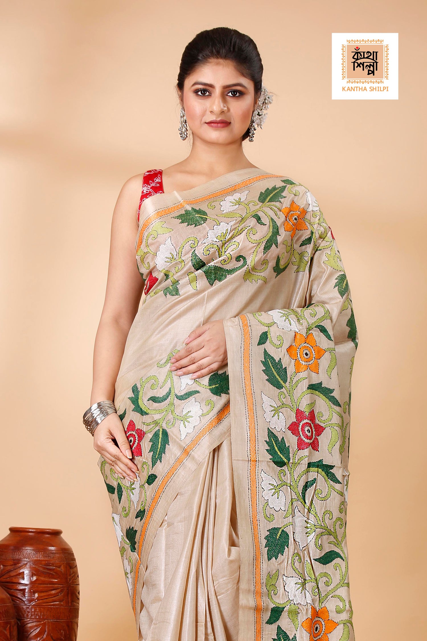 Gachi Tussar Multicolor Thread Work Peacock and Floral Motif Kantha Stitch Saree