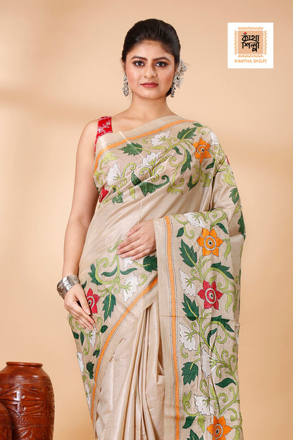 Gachi Tussar Multicolor Thread Work Peacock and Floral Motif Kantha Stitch Saree