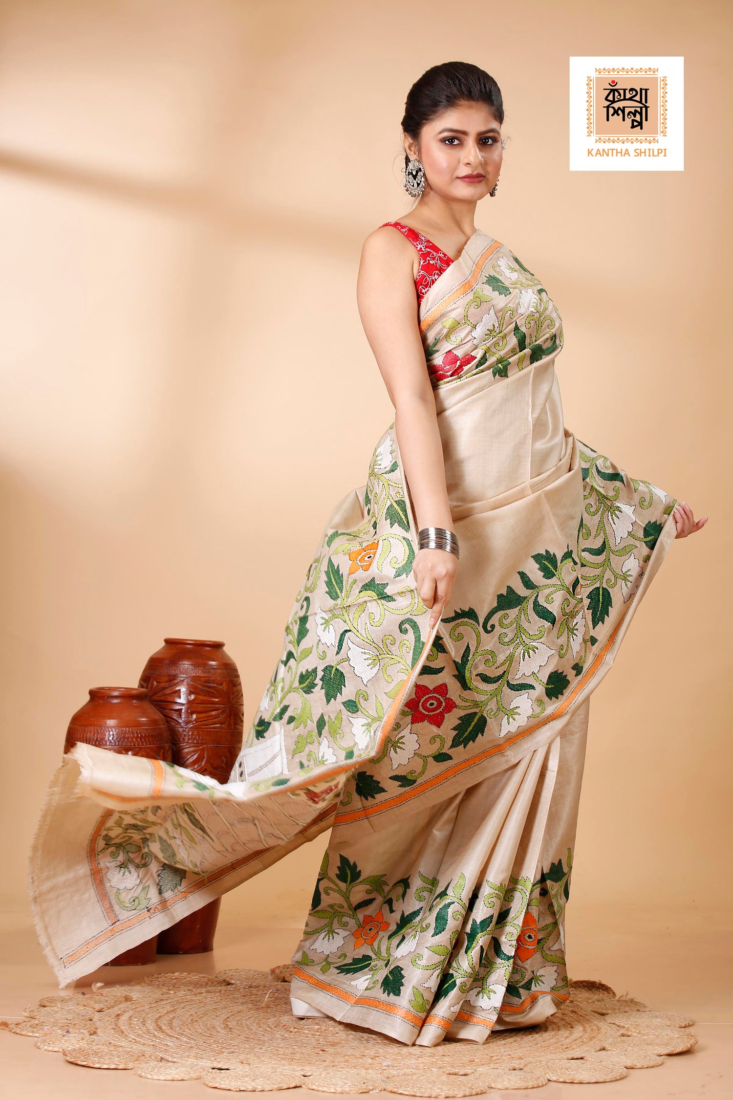 Gachi Tussar Multicolor Thread Work Peacock and Floral Motif Kantha Stitch Saree