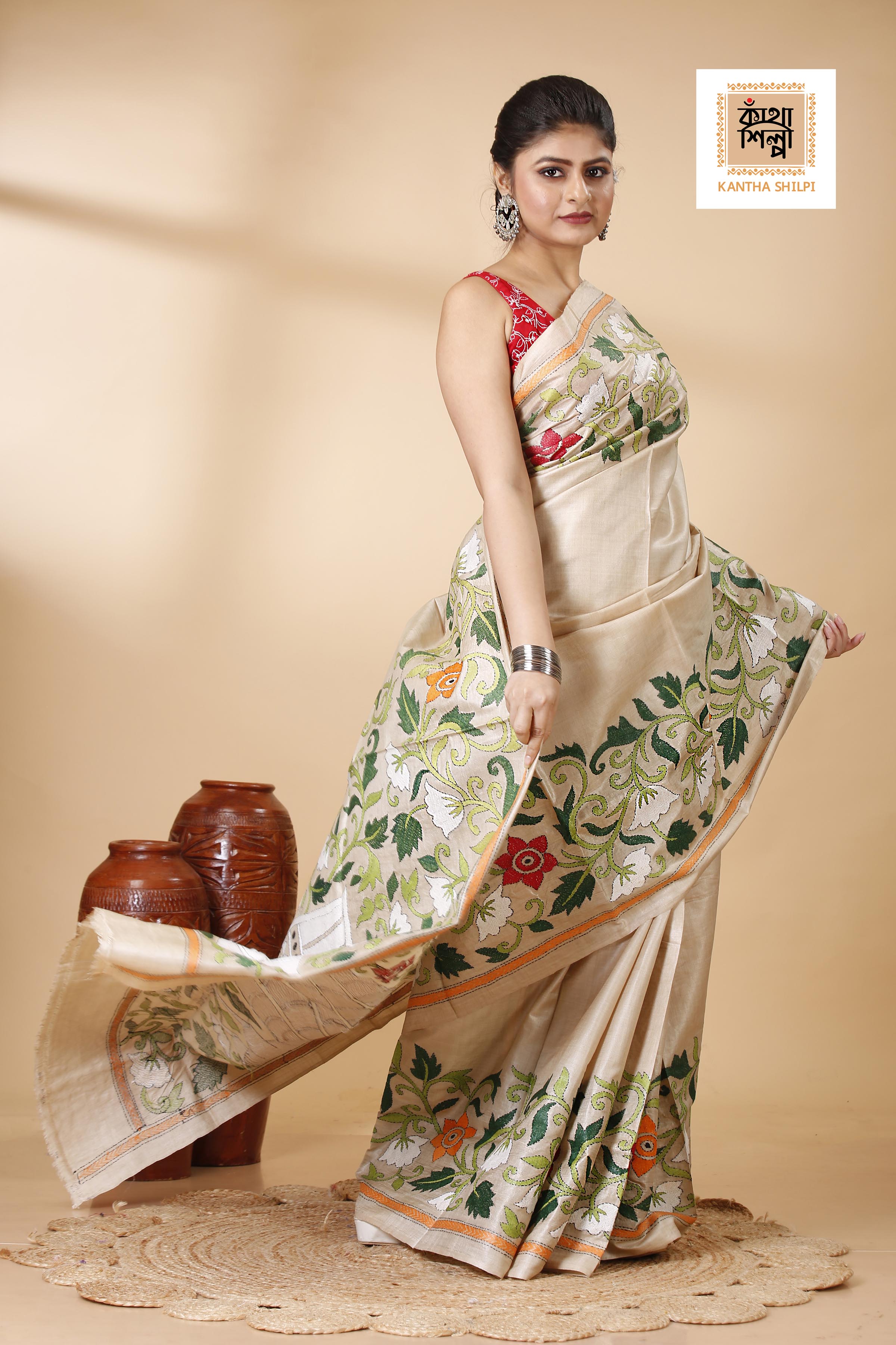 Gachi Tussar Multicolor Thread Work Peacock and Floral Motif Kantha Stitch Saree