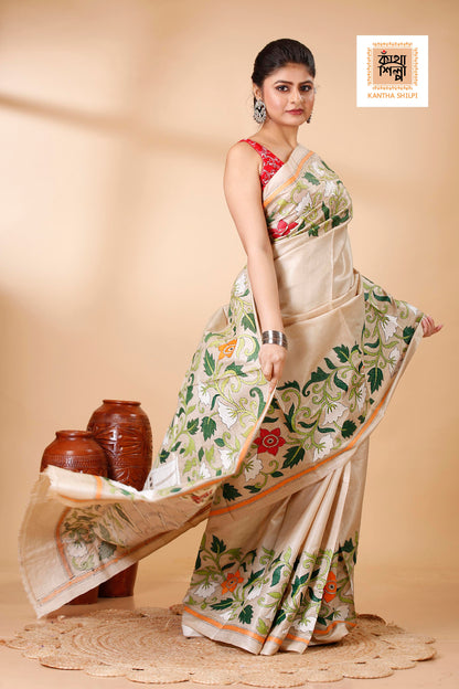 Gachi Tussar Multicolor Thread Work Peacock and Floral Motif Kantha Stitch Saree
