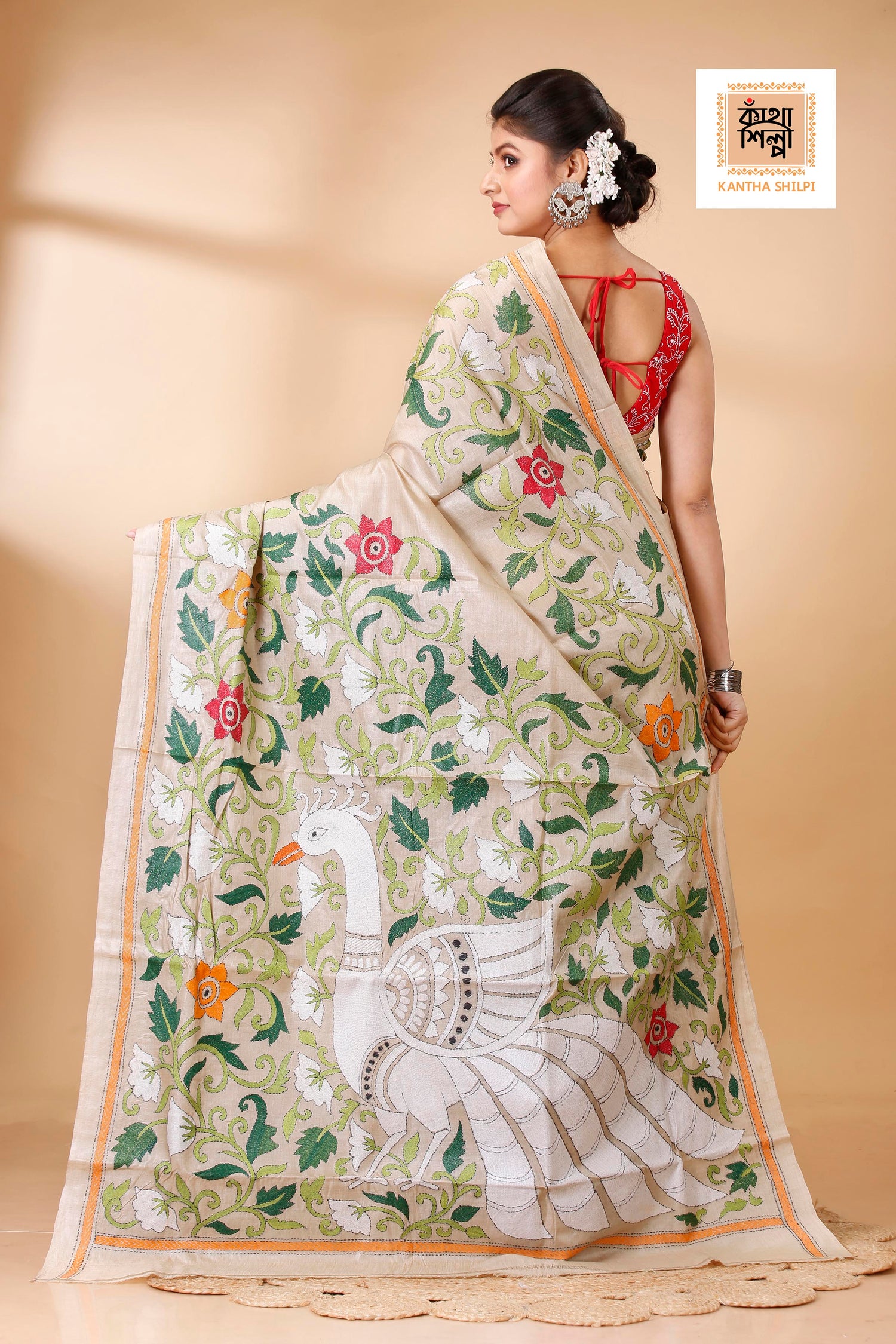 Gachi Tussar Multicolor Thread Work Peacock and Floral Motif Kantha Stitch Saree