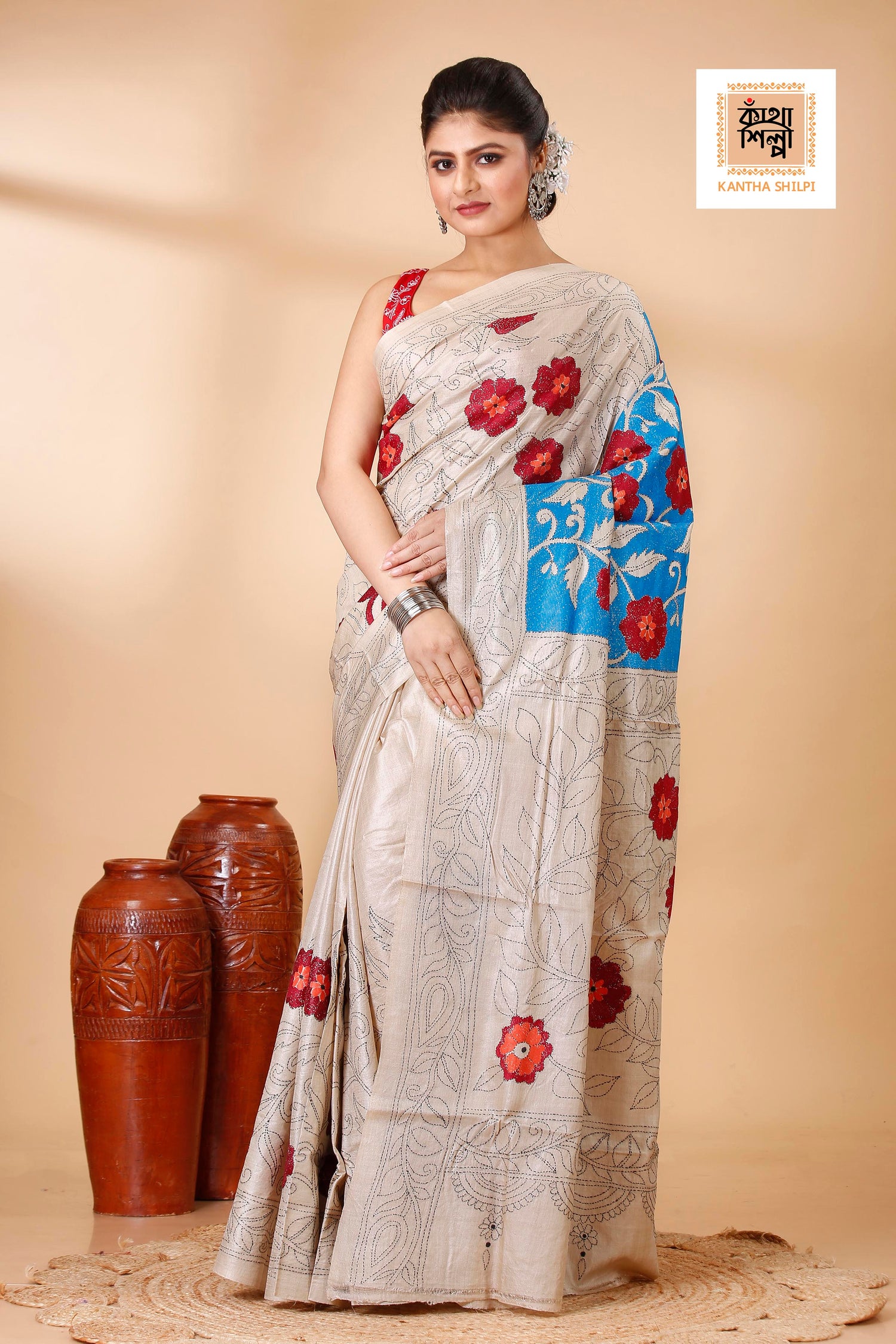 Gachi Tussar Multicolor Thread Work Peacock and Floral Revers Design Kantha Stitch Saree