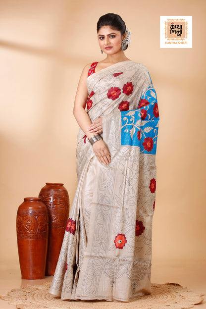 Gachi Tussar Multicolor Thread Work Peacock and Floral Revers Design Kantha Stitch Saree