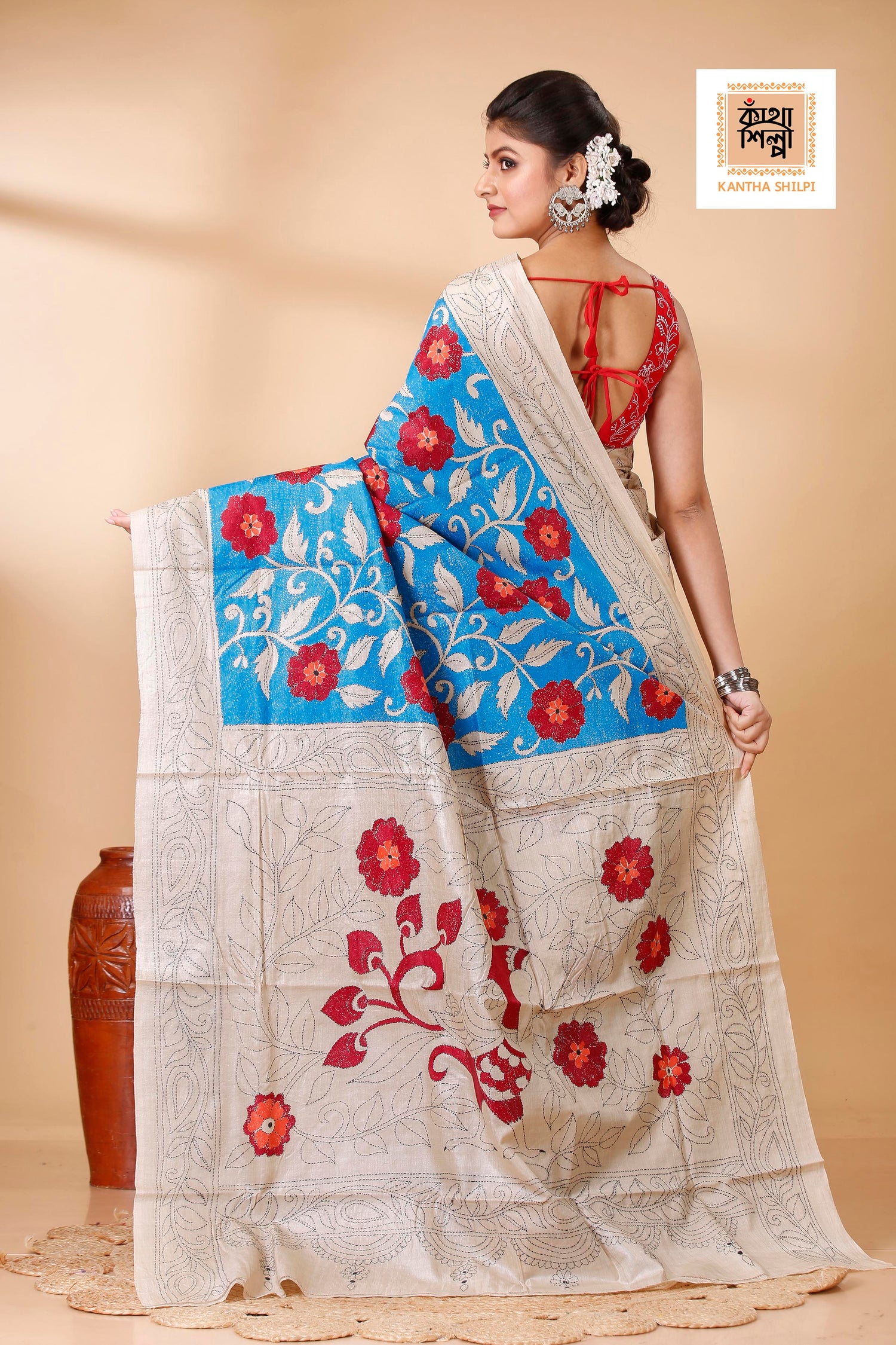 Gachi Tussar Multicolor Thread Work Peacock and Floral Revers Design Kantha Stitch Saree