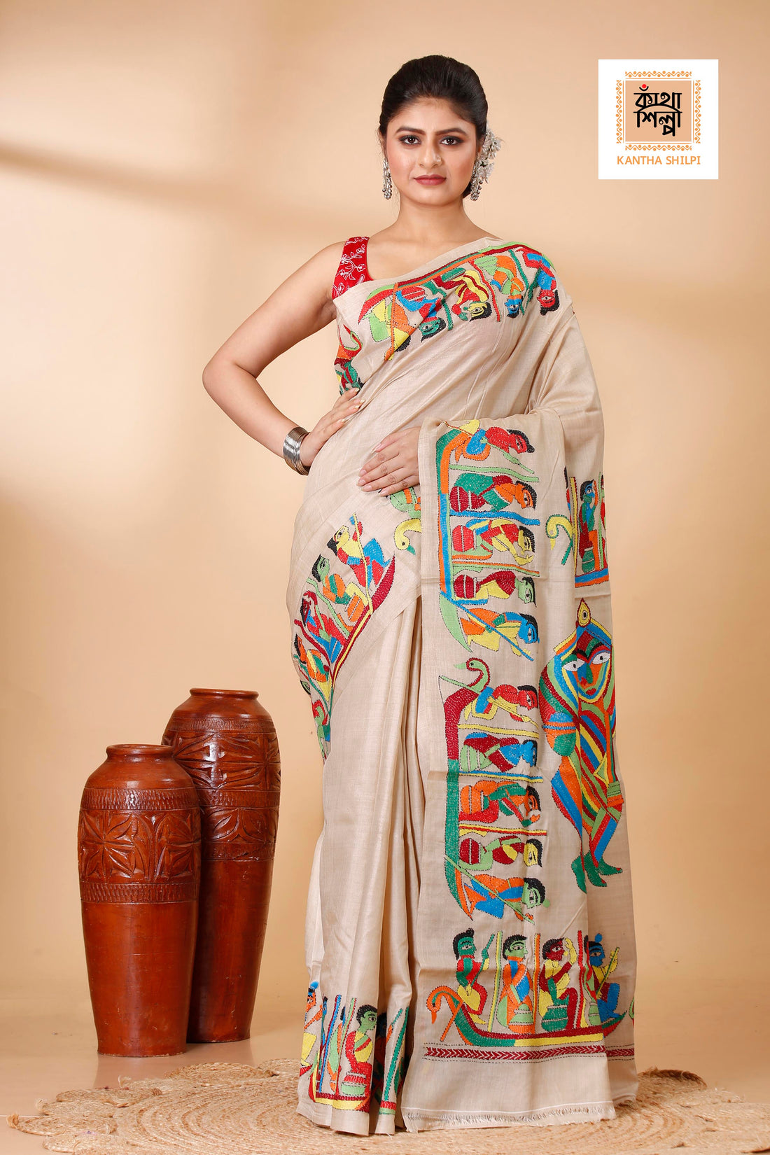 Gachi Tussar Multicolor Thread Work Maa Durga Theme Kantha Stitch Saree