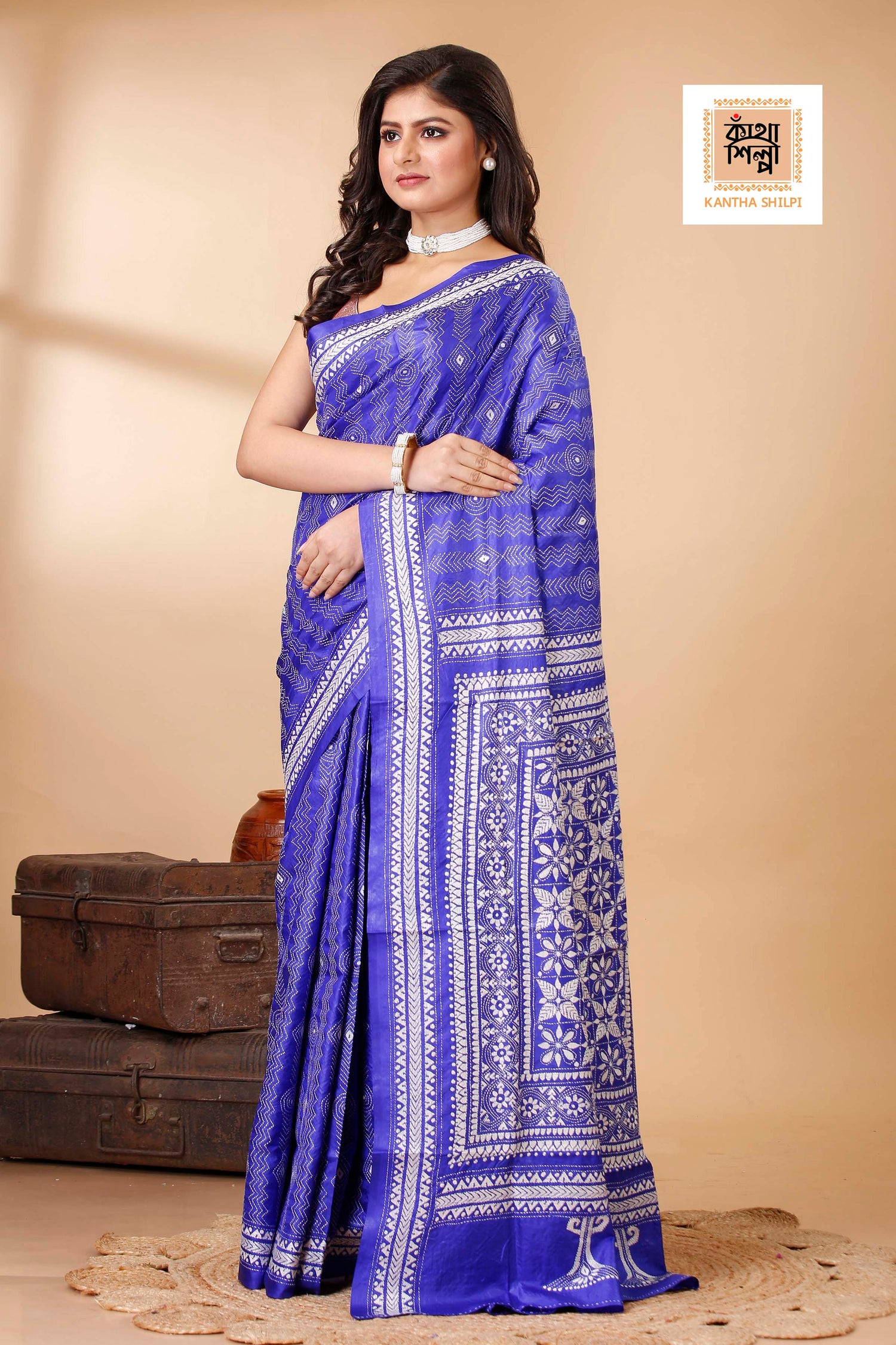 Pure Bangalore Silk Kantha Stitch Saree SN202522223