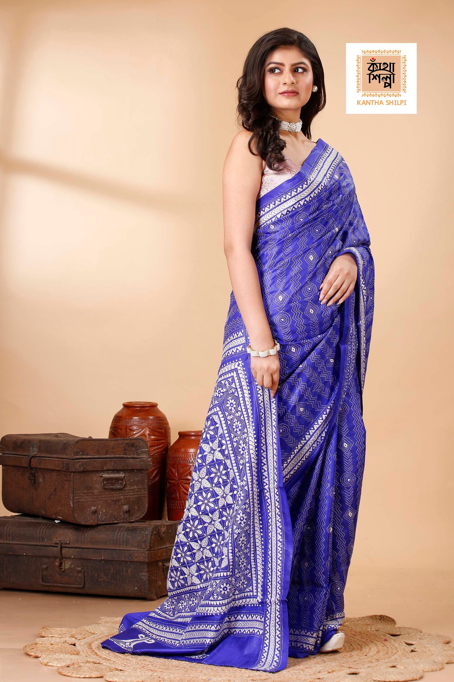 Pure Bangalore Silk Kantha Stitch Saree SN202522223
