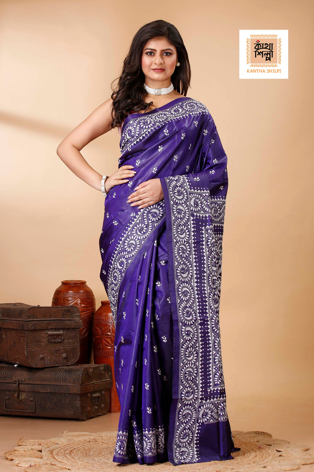 Pure Bangalore Silk Kantha Stitch Saree SN202522288