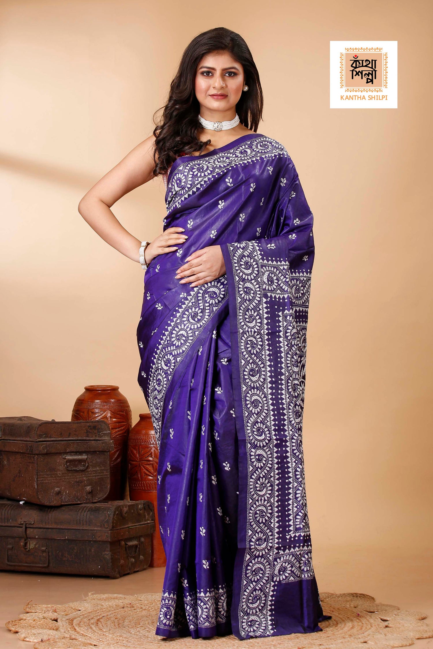 Pure Bangalore Silk Kantha Stitch Saree SN202522288