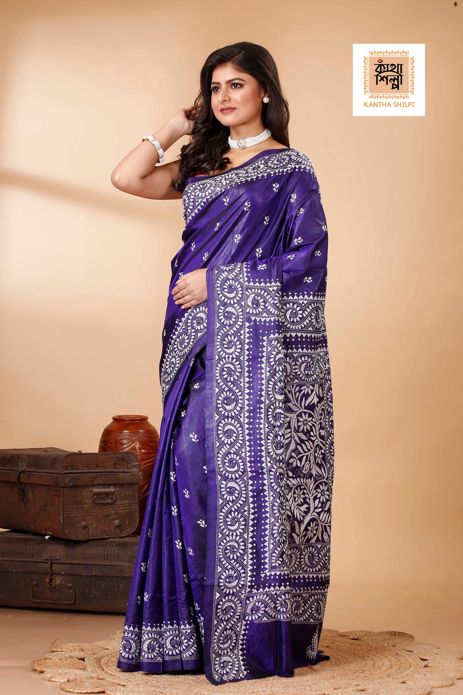 Pure Bangalore Silk Kantha Stitch Saree SN202522288