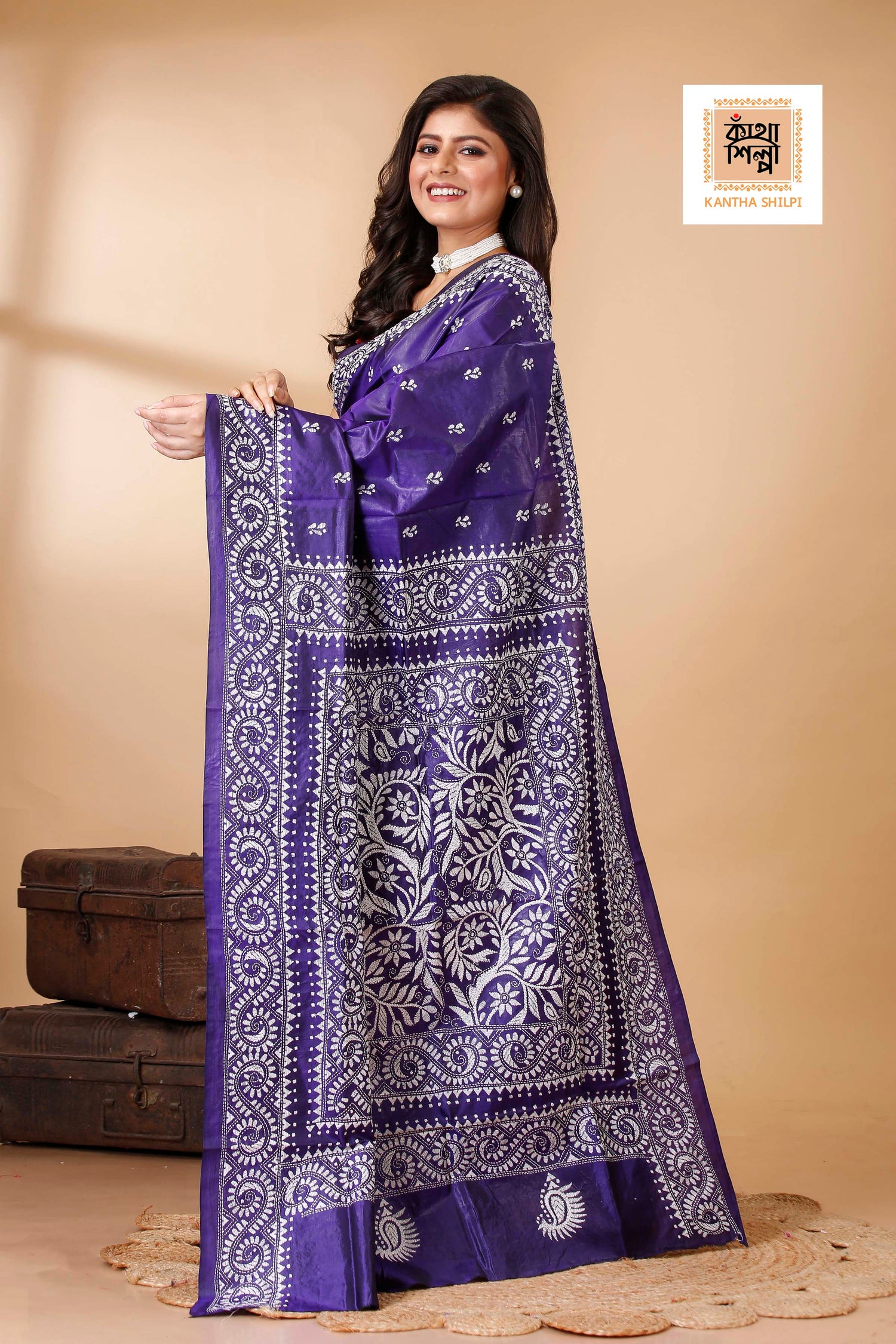 Pure Bangalore Silk Kantha Stitch Saree SN202522288