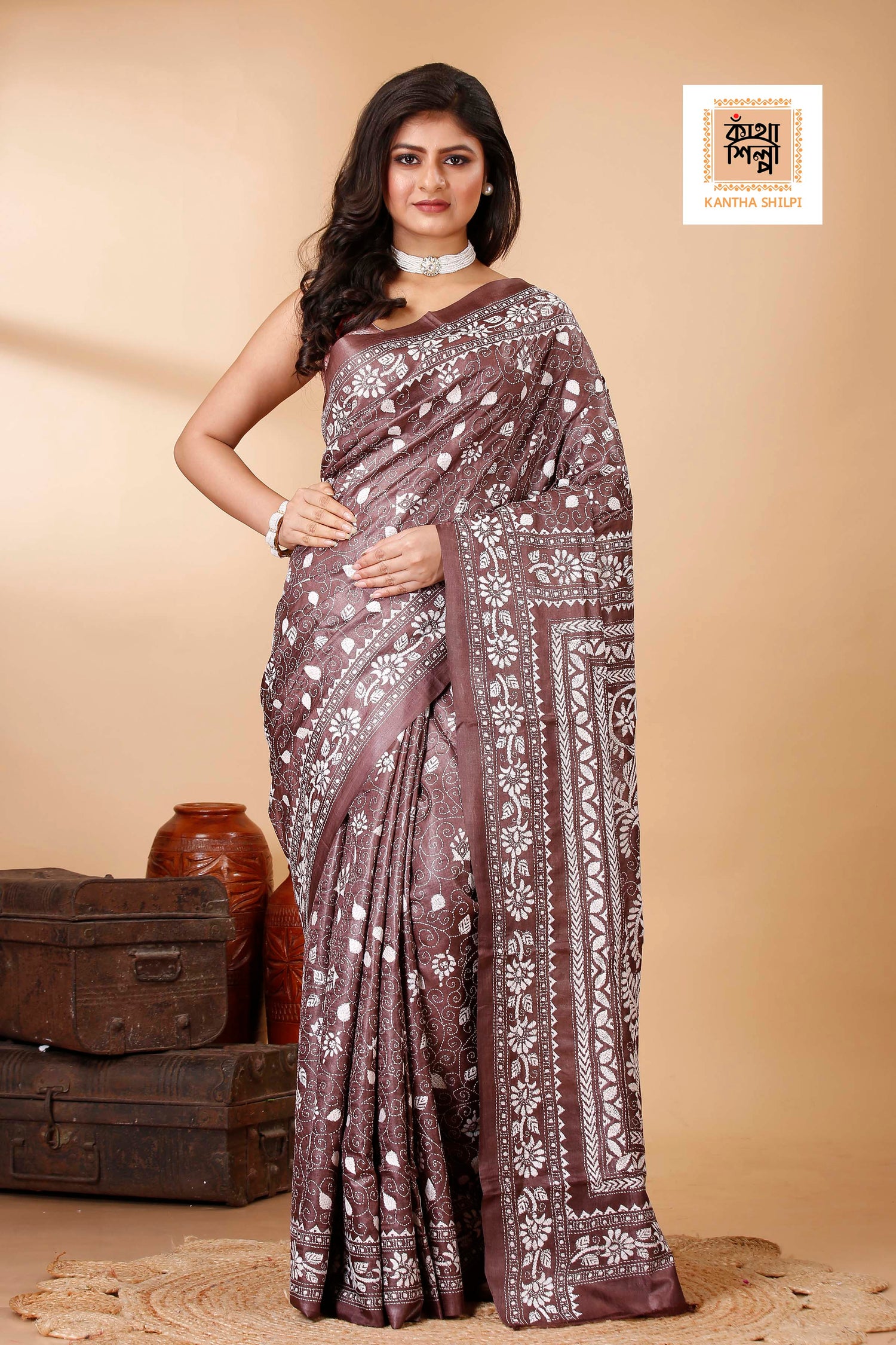Rosy Finch Color Dye Tussar White Color Thread Work Floral Motif Kantha Stitch Saree
