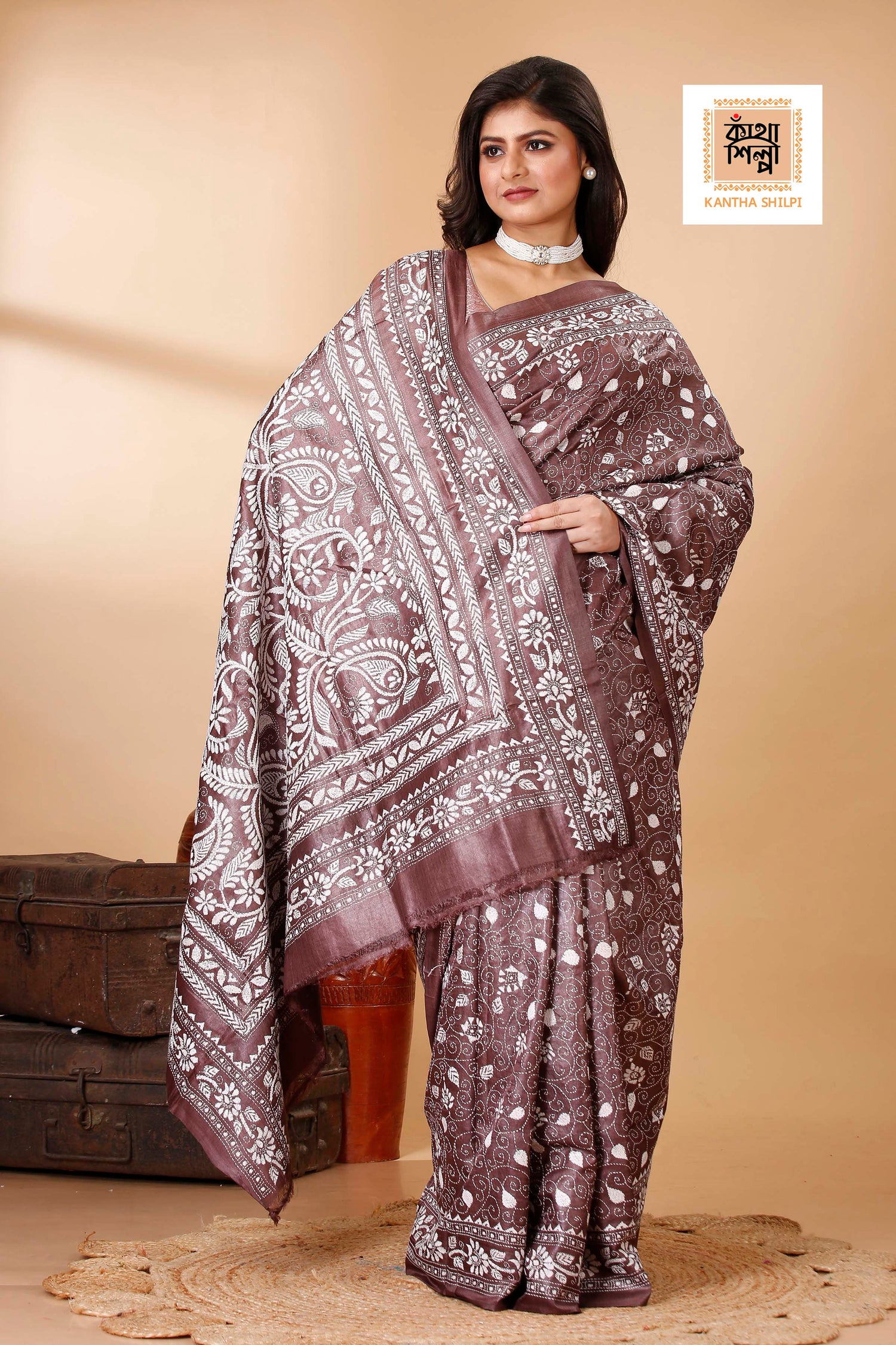 Rosy Finch Color Dye Tussar White Color Thread Work Floral Motif Kantha Stitch Saree
