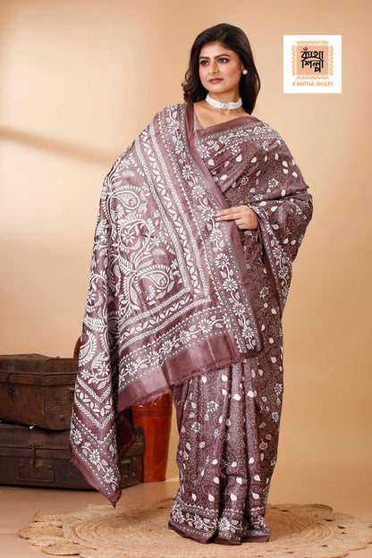 Rosy Finch Color Dye Tussar White Color Thread Work Floral Motif Kantha Stitch Saree