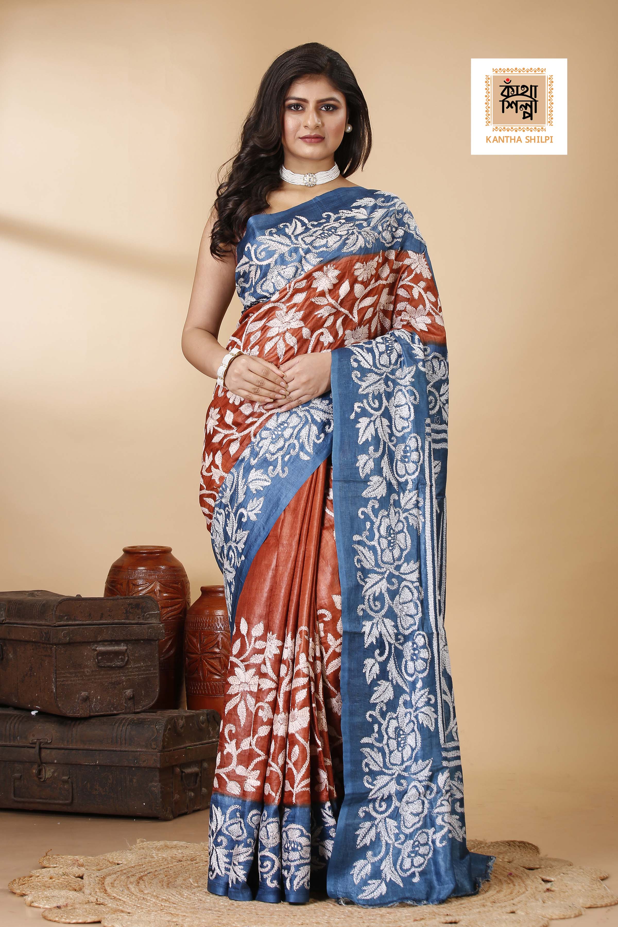 Terra Cotta Color Dye Tussar White Color Thread Work Floral Motif Kantha Stitch Saree