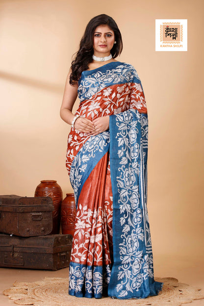 Terra Cotta Color Dye Tussar White Color Thread Work Floral Motif Kantha Stitch Saree
