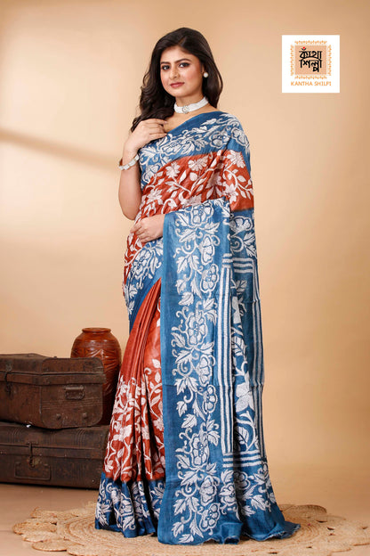 Terra Cotta Color Dye Tussar White Color Thread Work Floral Motif Kantha Stitch Saree