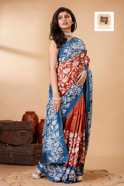 Terra Cotta Color Dye Tussar White Color Thread Work Floral Motif Kantha Stitch Saree