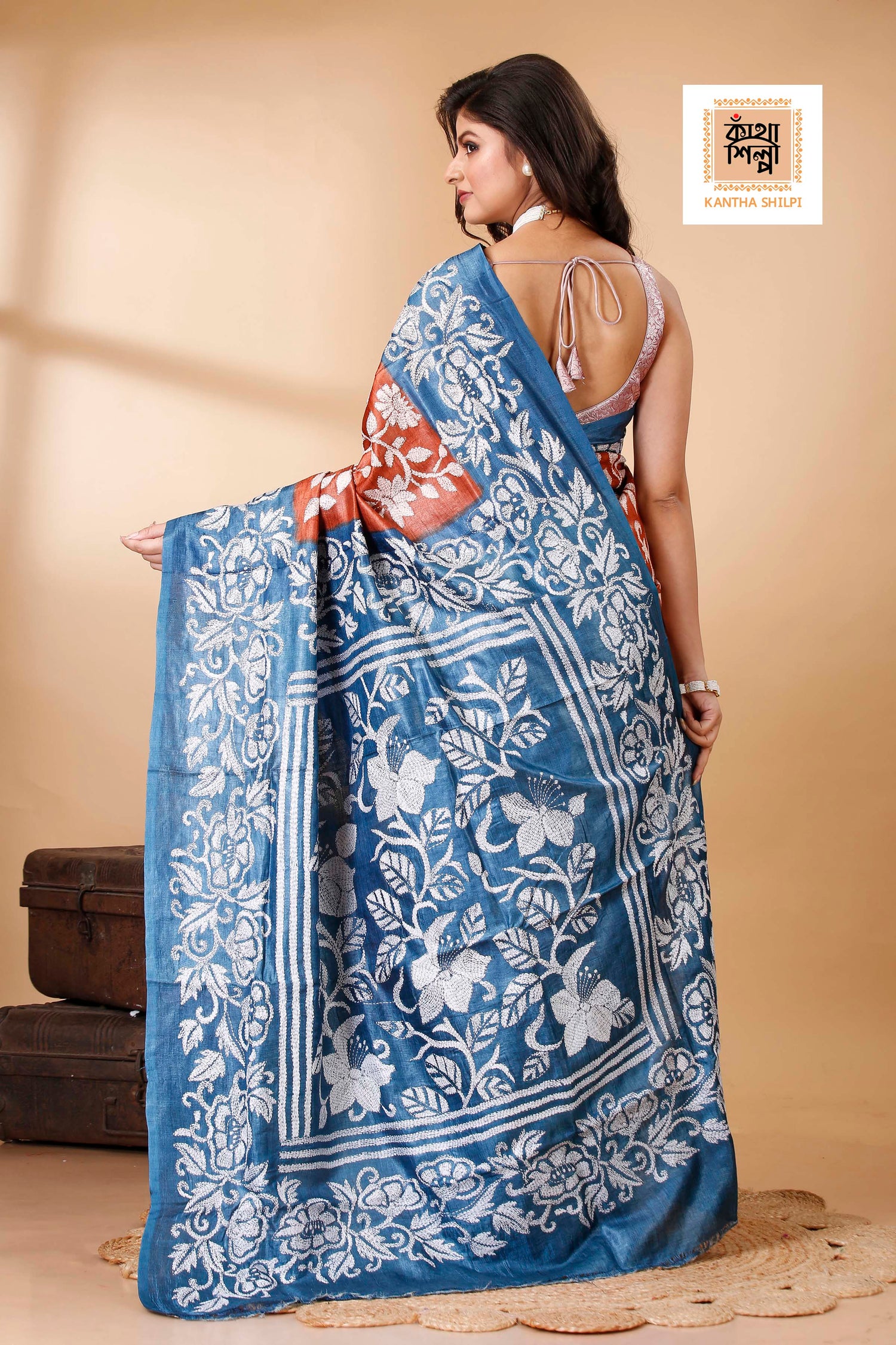 Terra Cotta Color Dye Tussar White Color Thread Work Floral Motif Kantha Stitch Saree