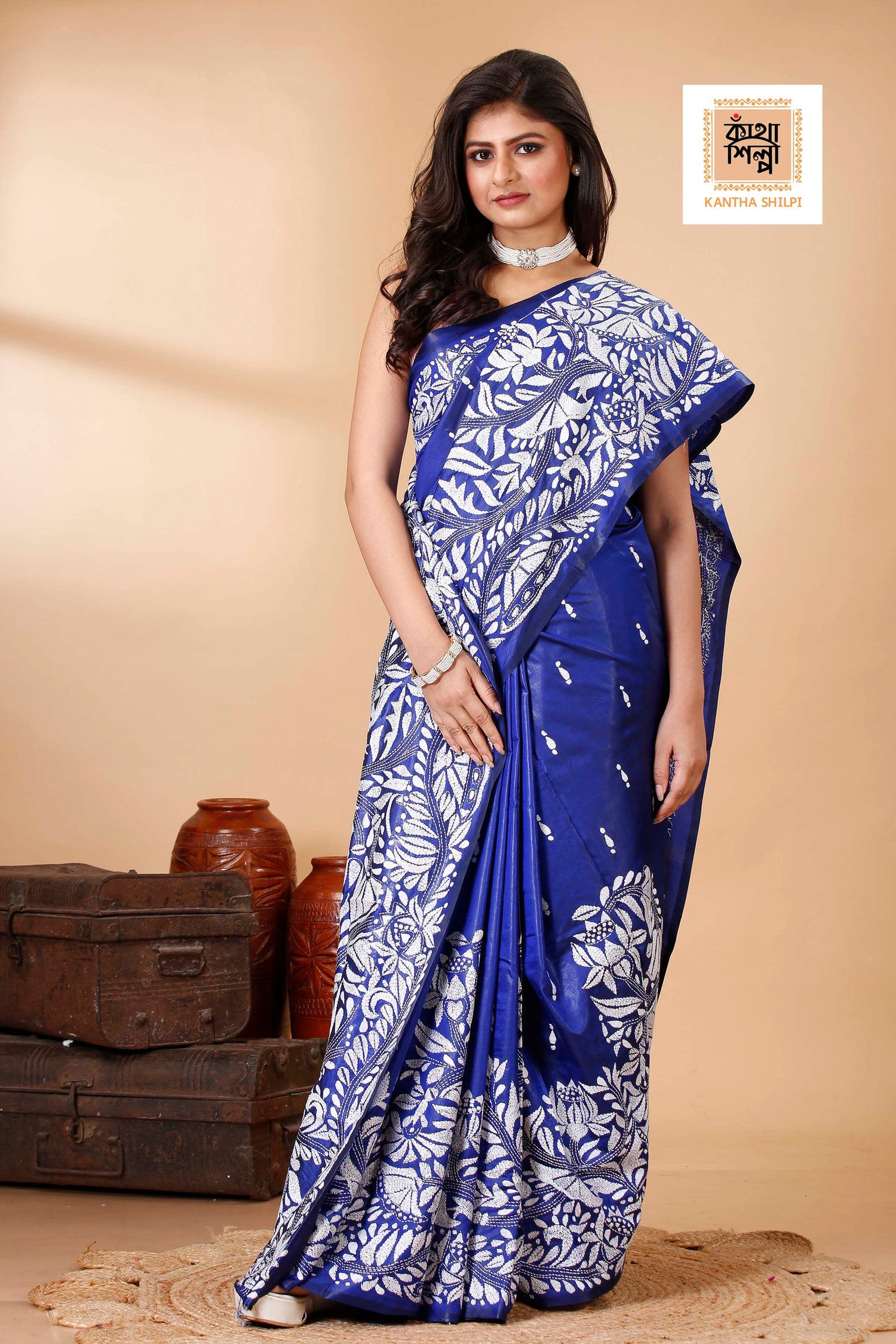 Pure Bangalore Silk Kantha Stitch Saree SN202522319