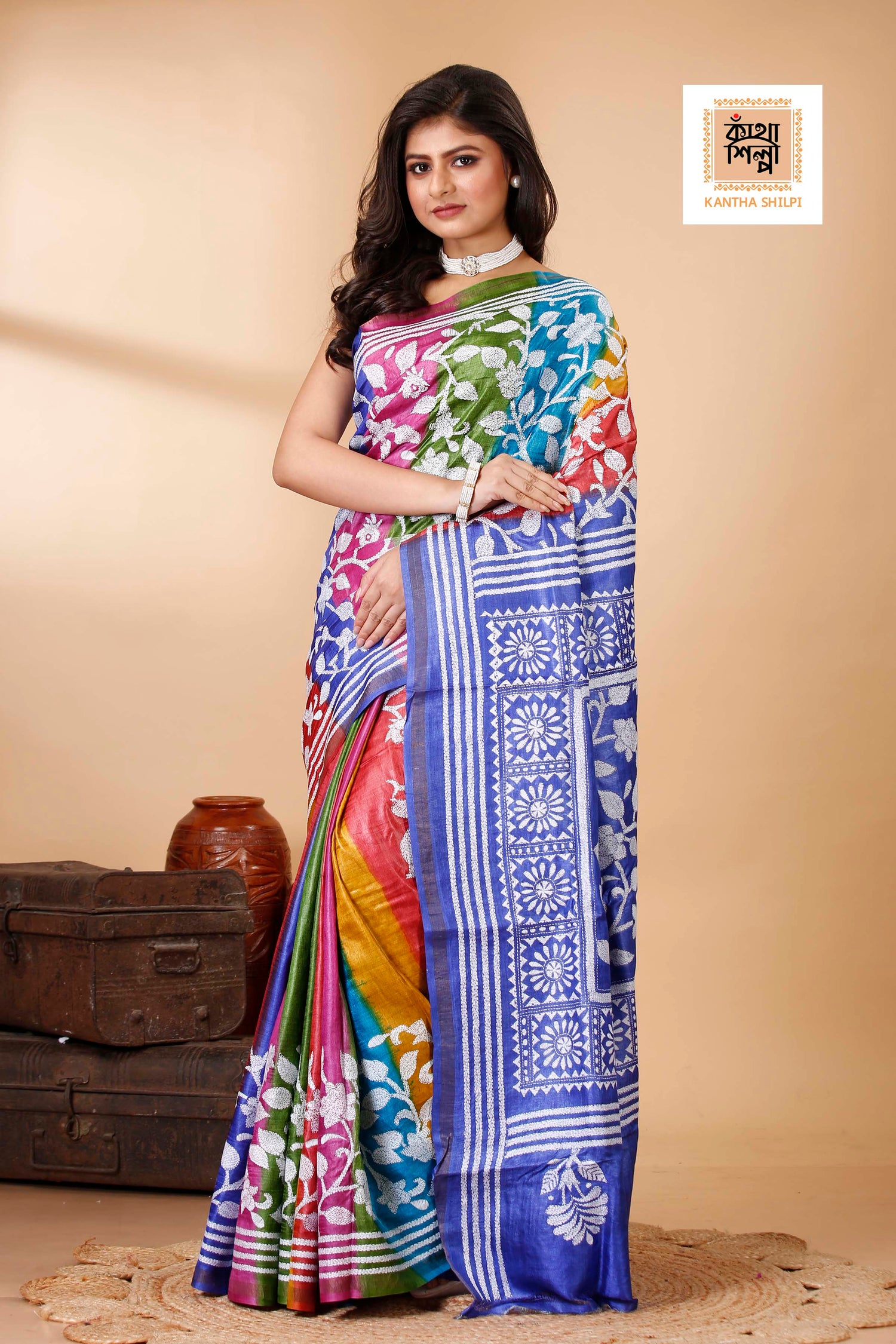 Rainbow Color Dye Tussar White Color Thread Work Floral Motif Kantha Stitch Saree