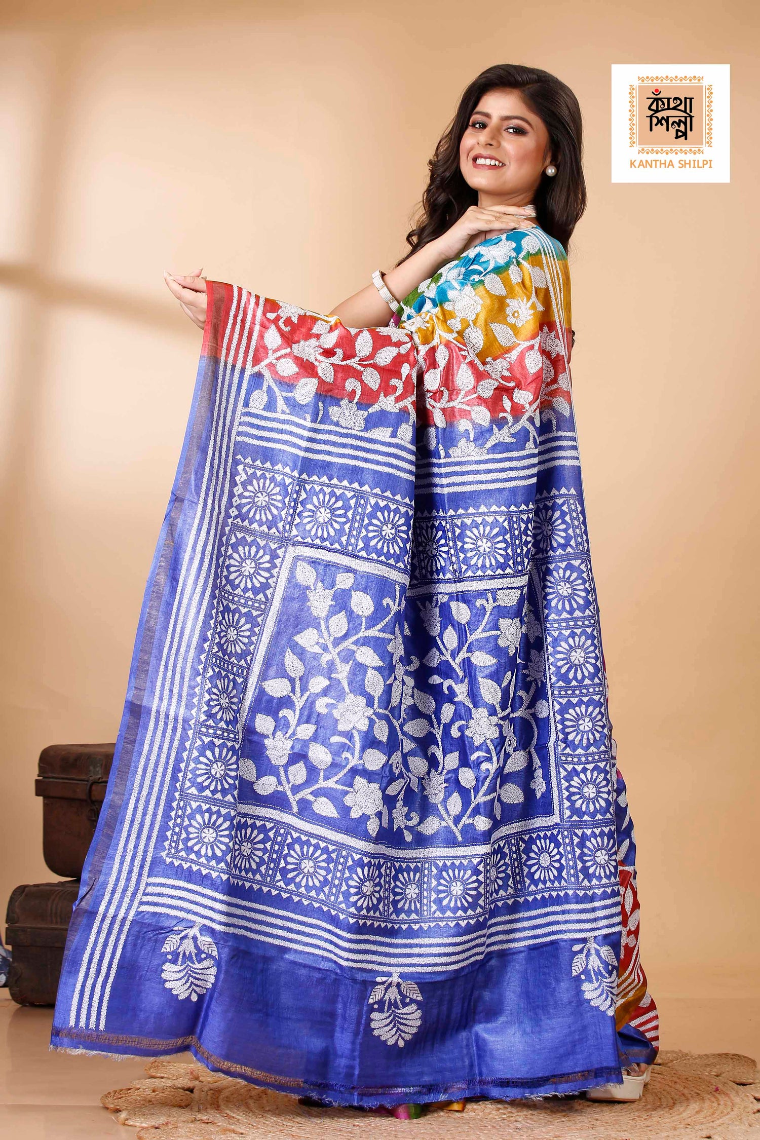 Rainbow Color Dye Tussar White Color Thread Work Floral Motif Kantha Stitch Saree