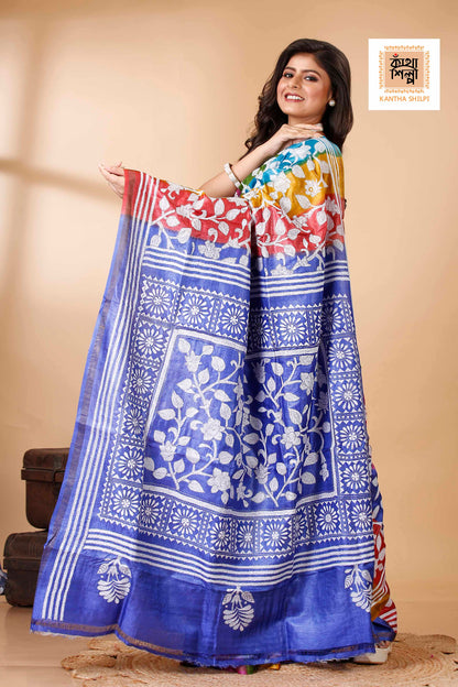 Rainbow Color Dye Tussar White Color Thread Work Floral Motif Kantha Stitch Saree