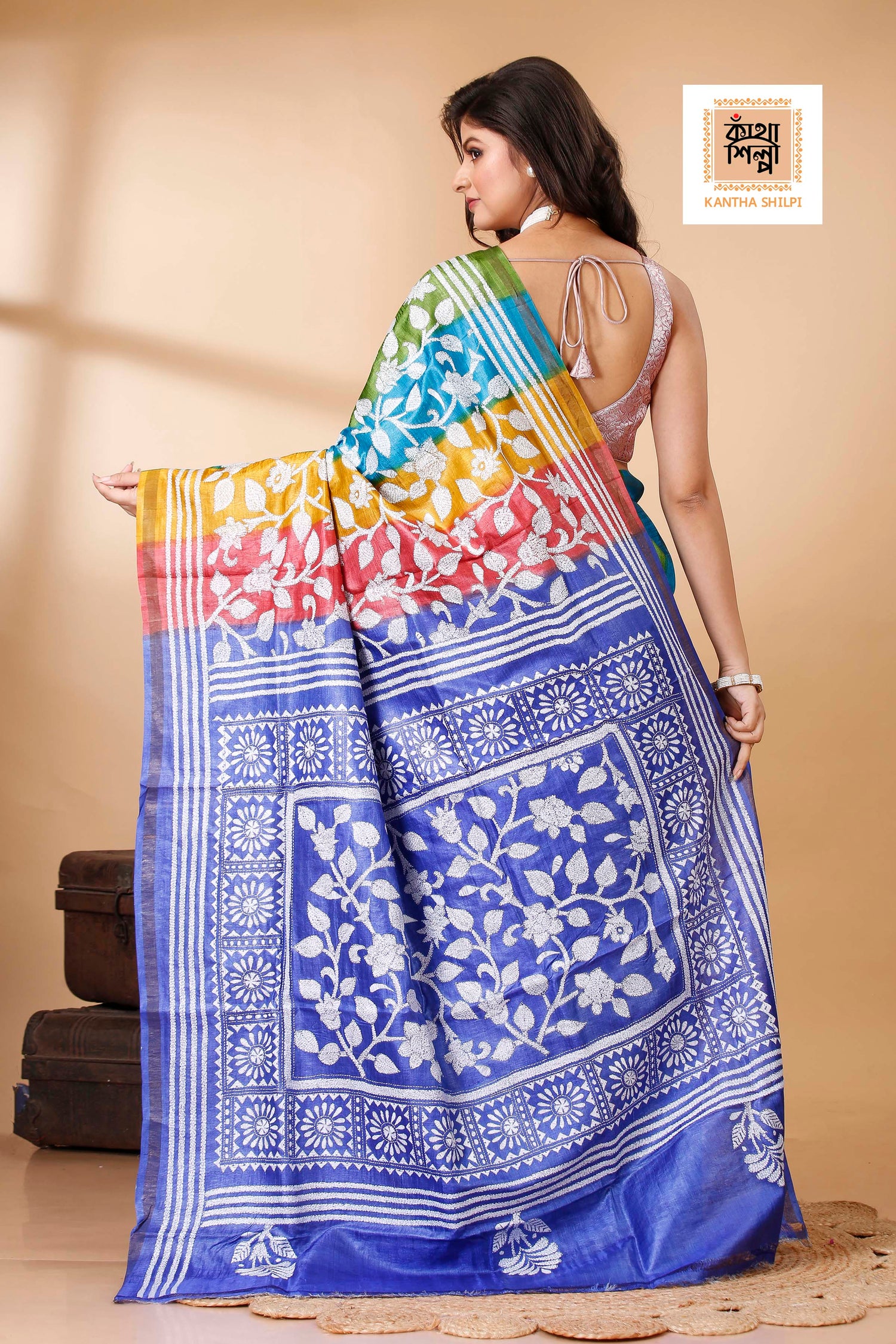 Rainbow Color Dye Tussar White Color Thread Work Floral Motif Kantha Stitch Saree