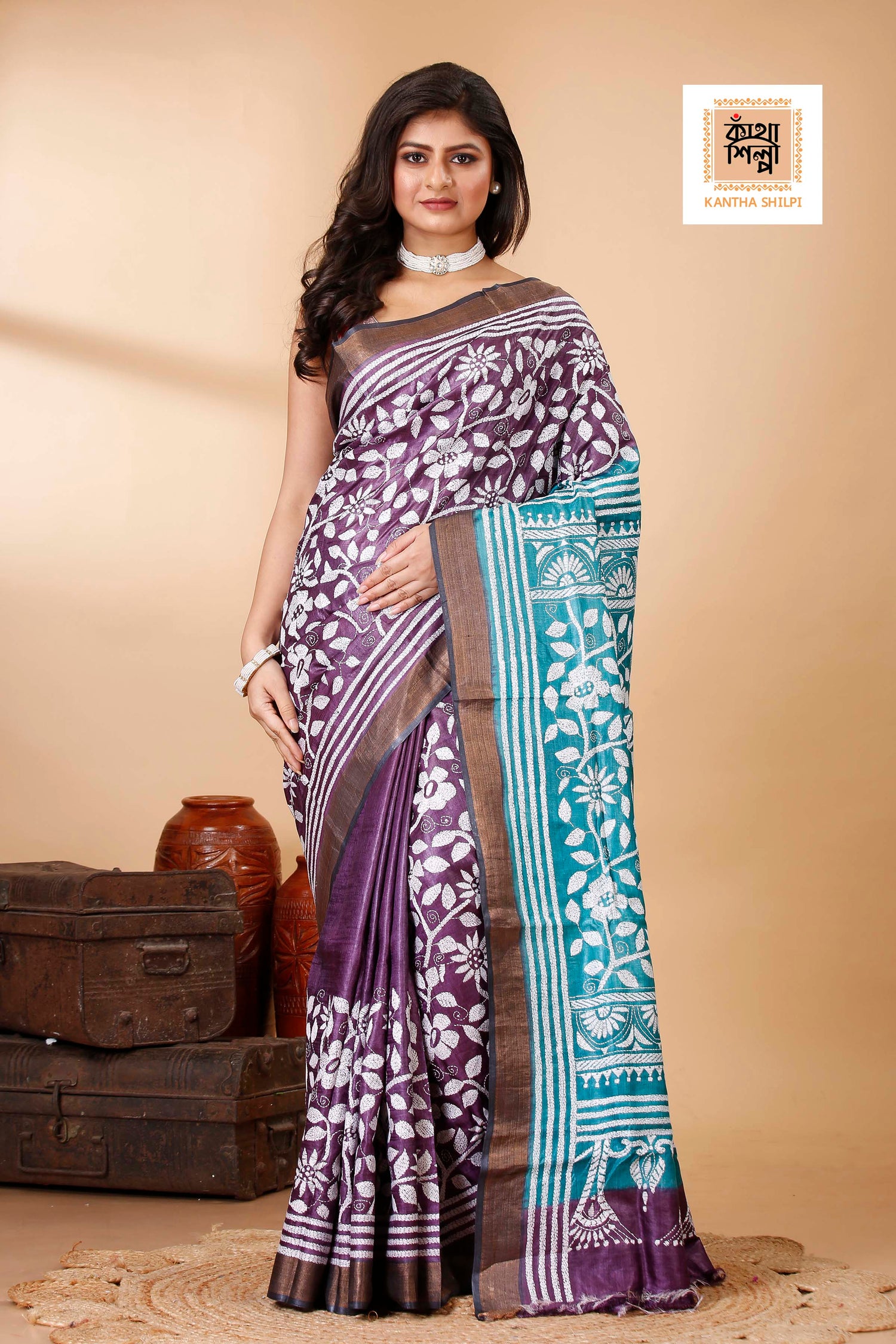 Purple Color Dye Tussar White Color Thread Work Floral Design Kantha Stitch Saree