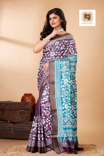 Purple Color Dye Tussar White Color Thread Work Floral Design Kantha Stitch Saree