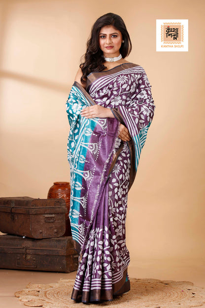 Purple Color Dye Tussar White Color Thread Work Floral Design Kantha Stitch Saree