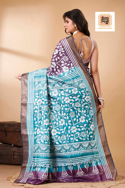 Purple Color Dye Tussar White Color Thread Work Floral Design Kantha Stitch Saree