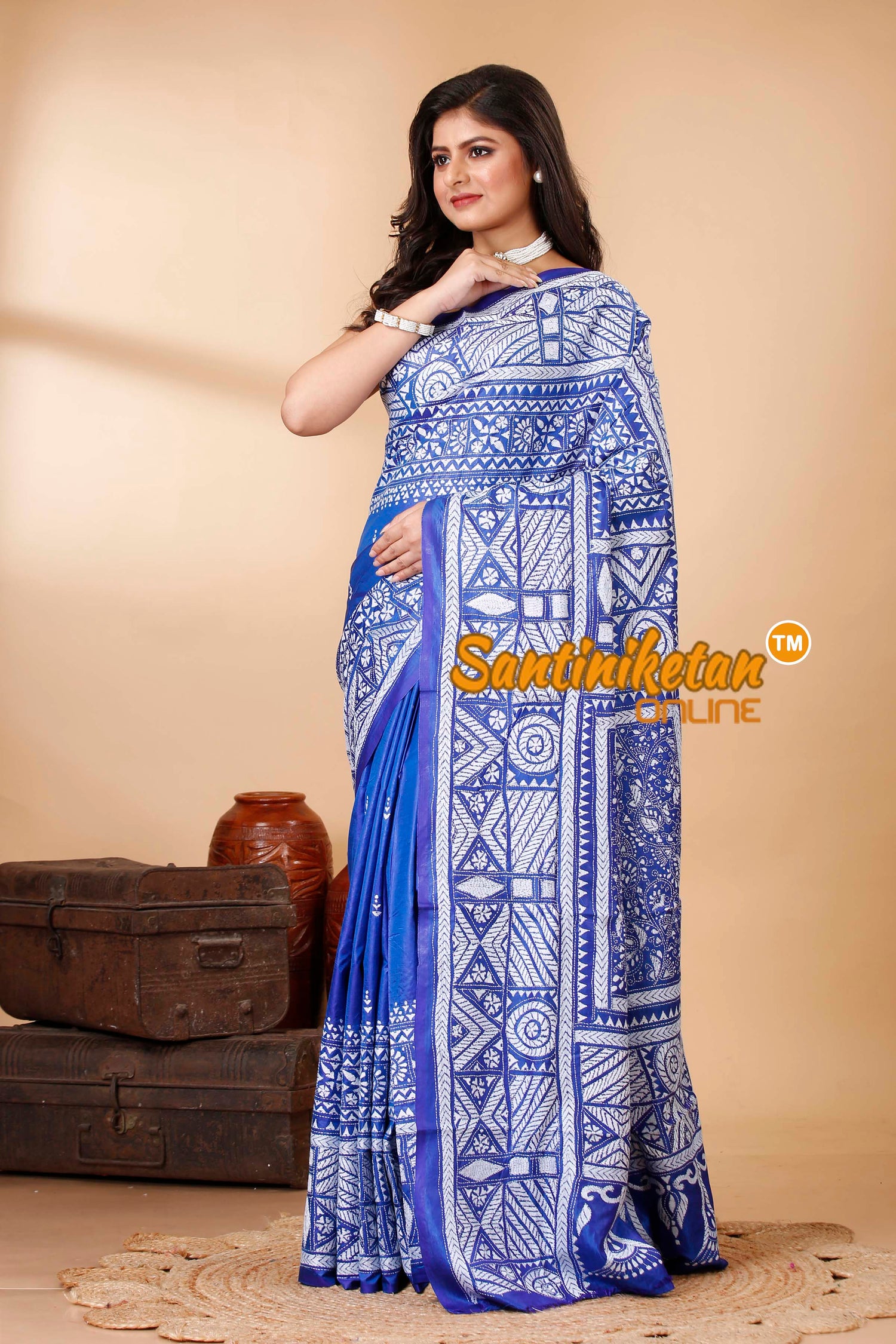 Bishnupuri (Katan) Silk Kantha Stitch Saree SN202522373