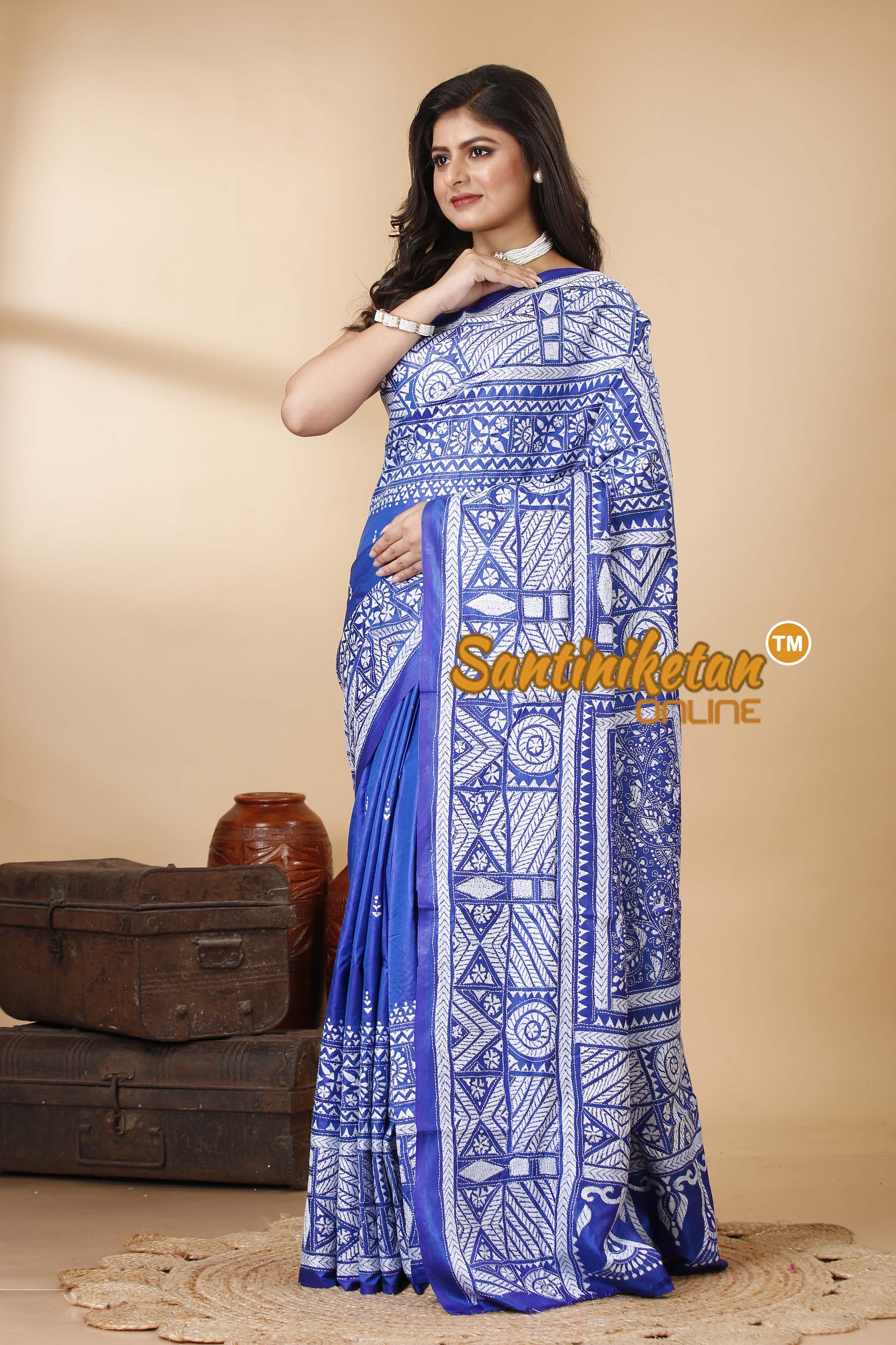 Bishnupuri (Katan) Silk Kantha Stitch Saree SN202522373