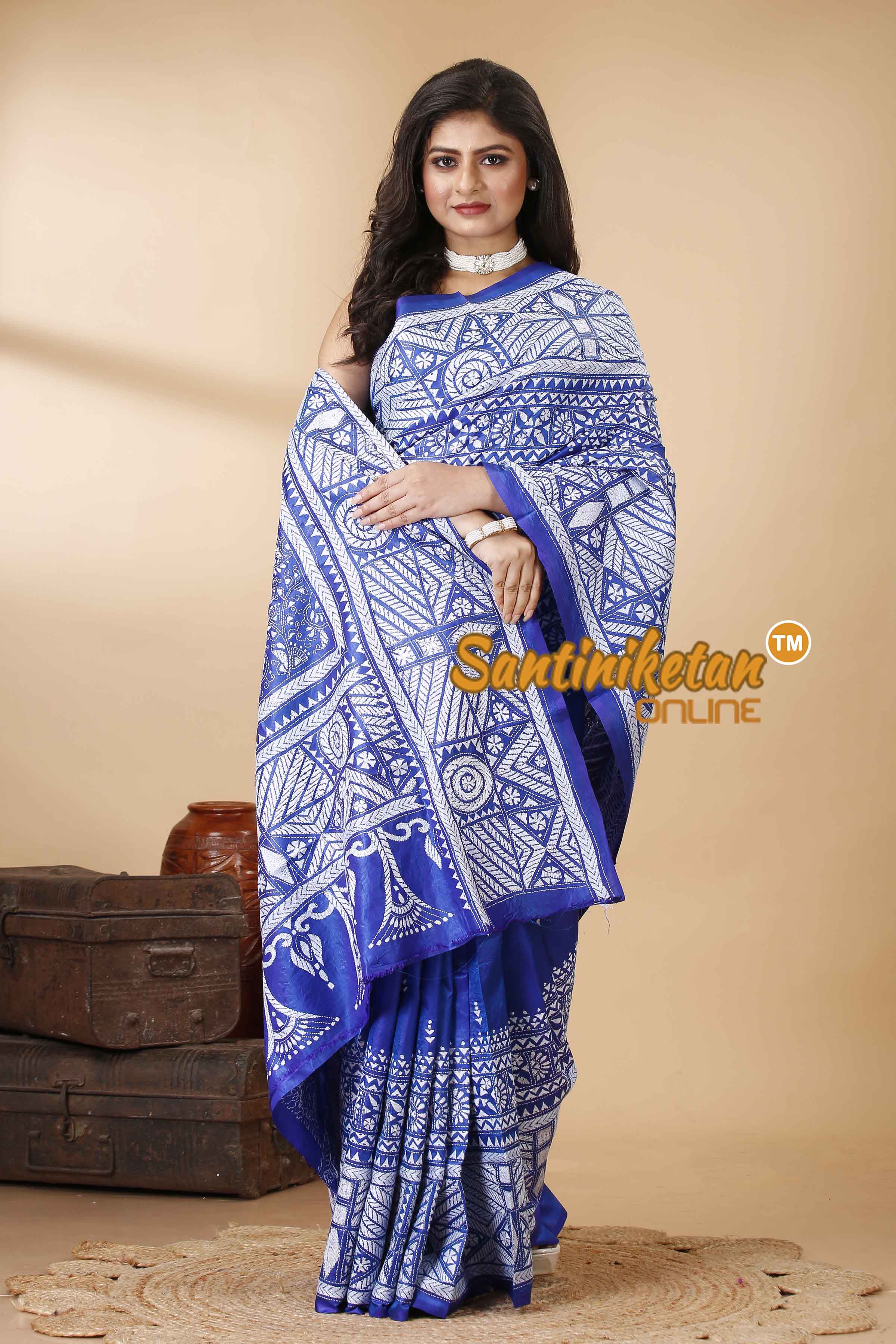 Bishnupuri (Katan) Silk Kantha Stitch Saree SN202522373