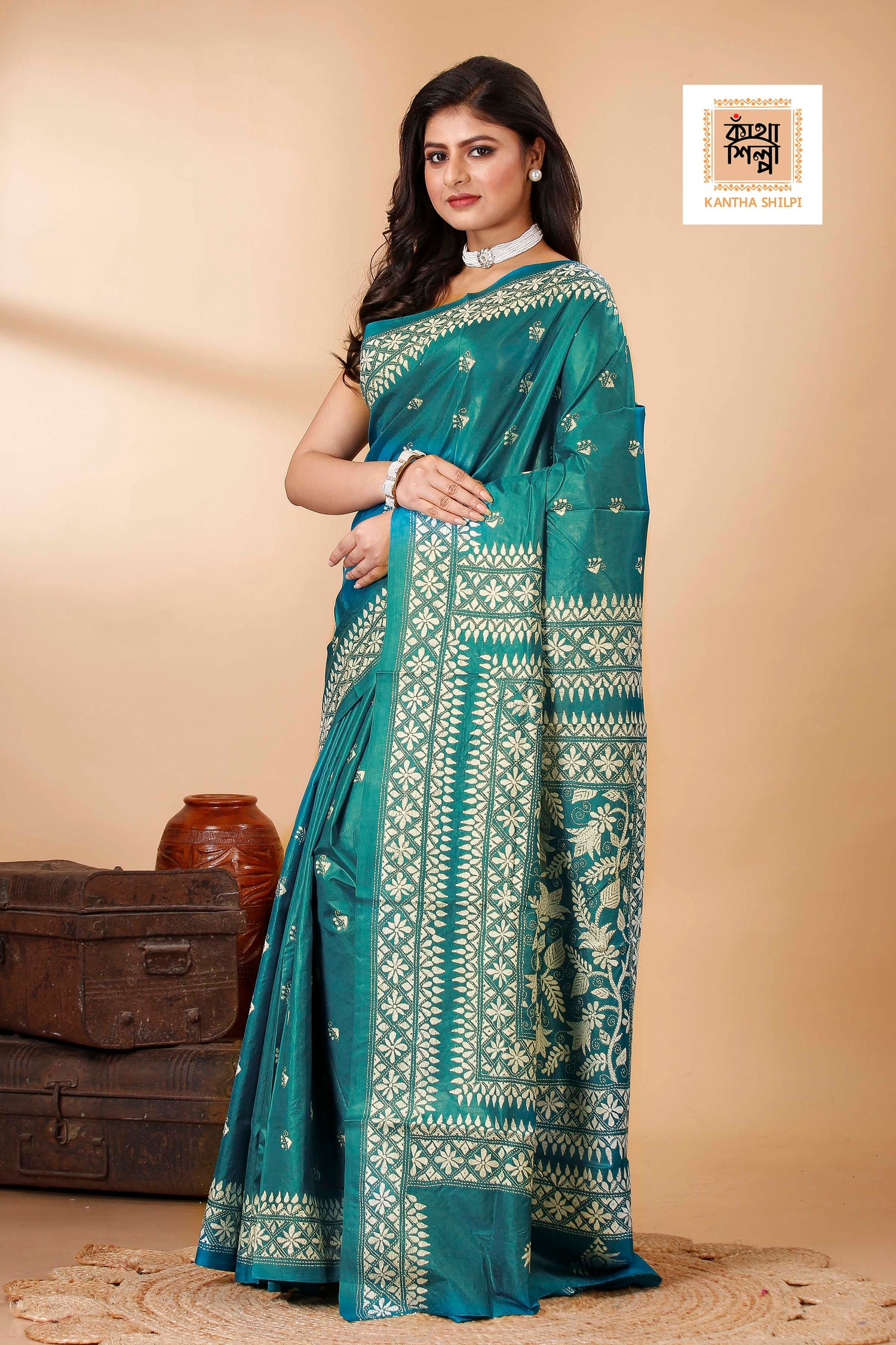 Pure Bangalore Silk Kantha Stitch Saree SN202522385