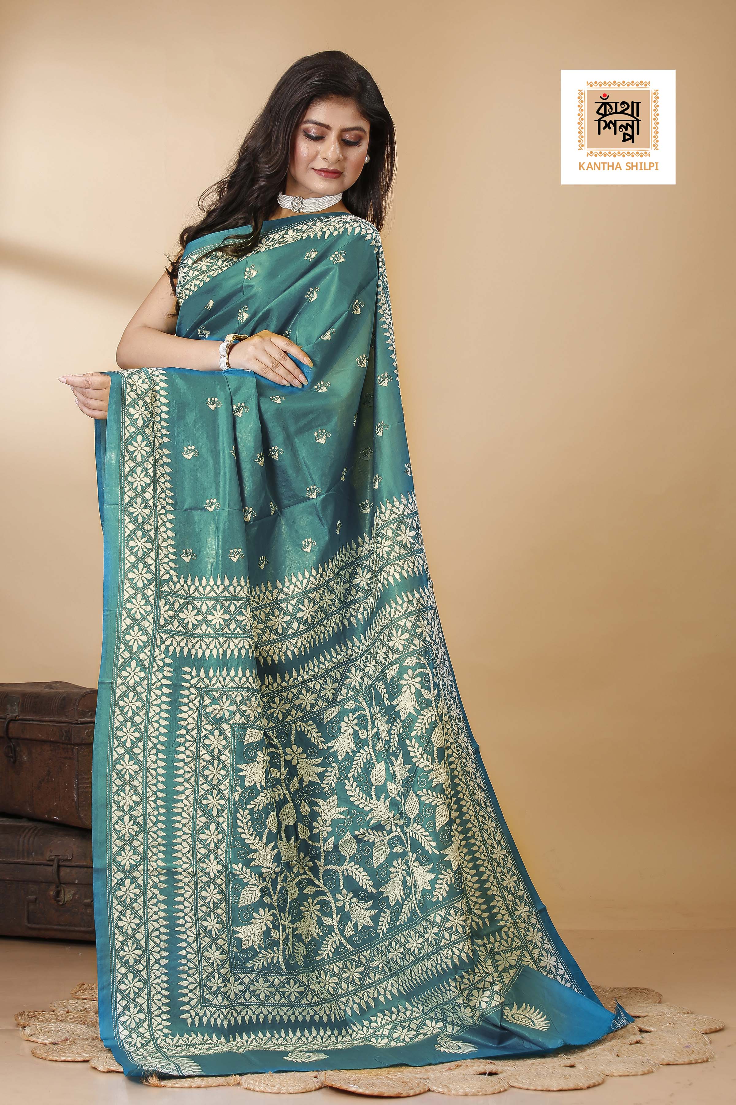 Pure Bangalore Silk Kantha Stitch Saree SN202522385