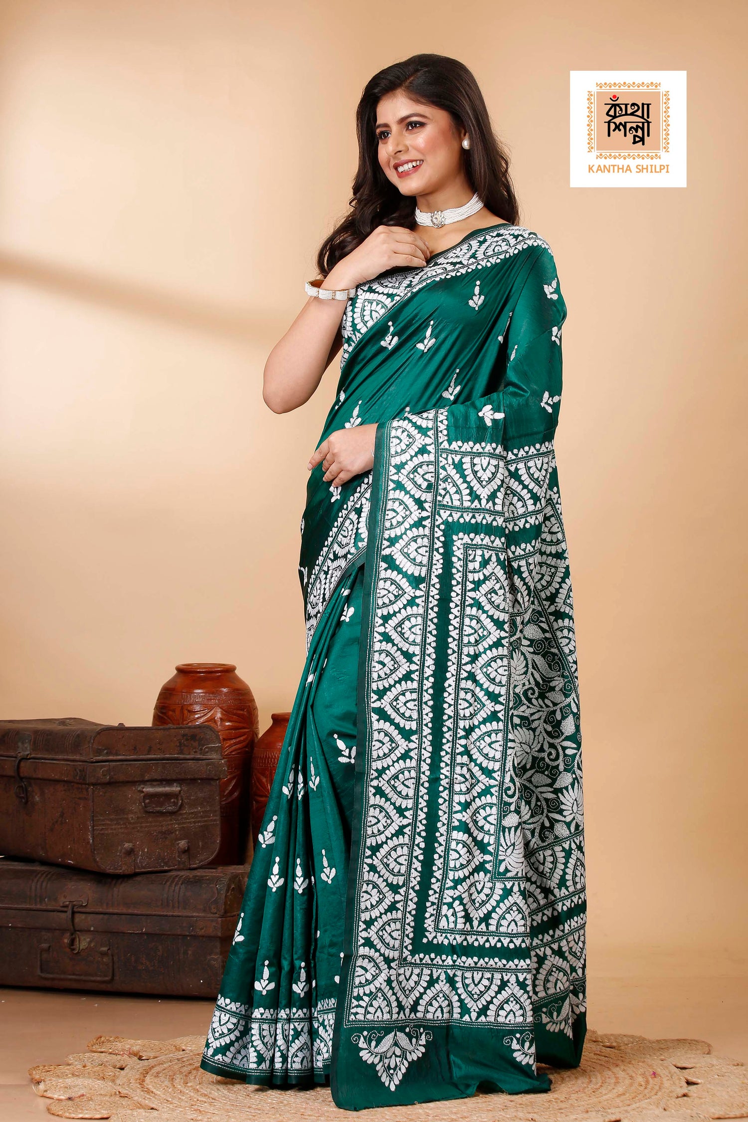 Pure Bangalore Silk Kantha Stitch Saree SN202522397